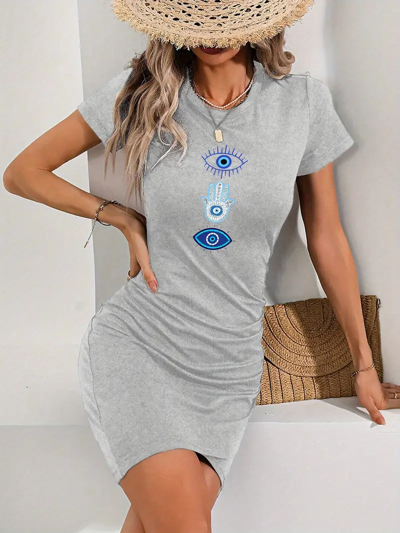 grey t shirt bodycon dress Women's Ruched T-Shirt Dress Summer Bodycon Mini Dress Short Sleeve Wrap Crewneck Fitted Tee Dress