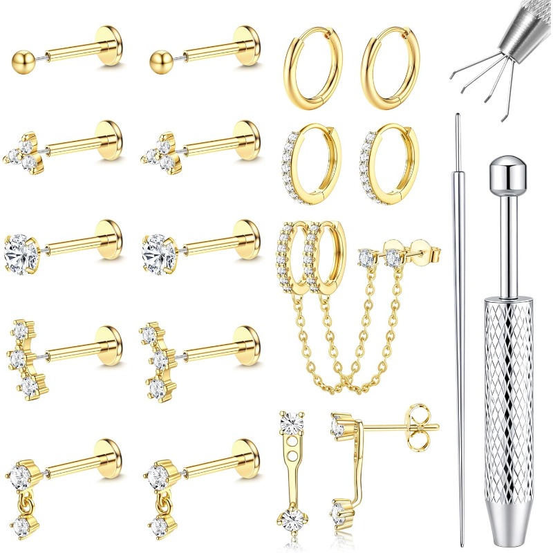 2d Flat, 16g/18g/20g Flat Back Earrings For Women Surgical Steel Stud Hoop Earrings Push In Nose Studs Hypoallergenic Cz Cartilage Earring Set Labret Helix Tragus Conch Piercing Jewelry