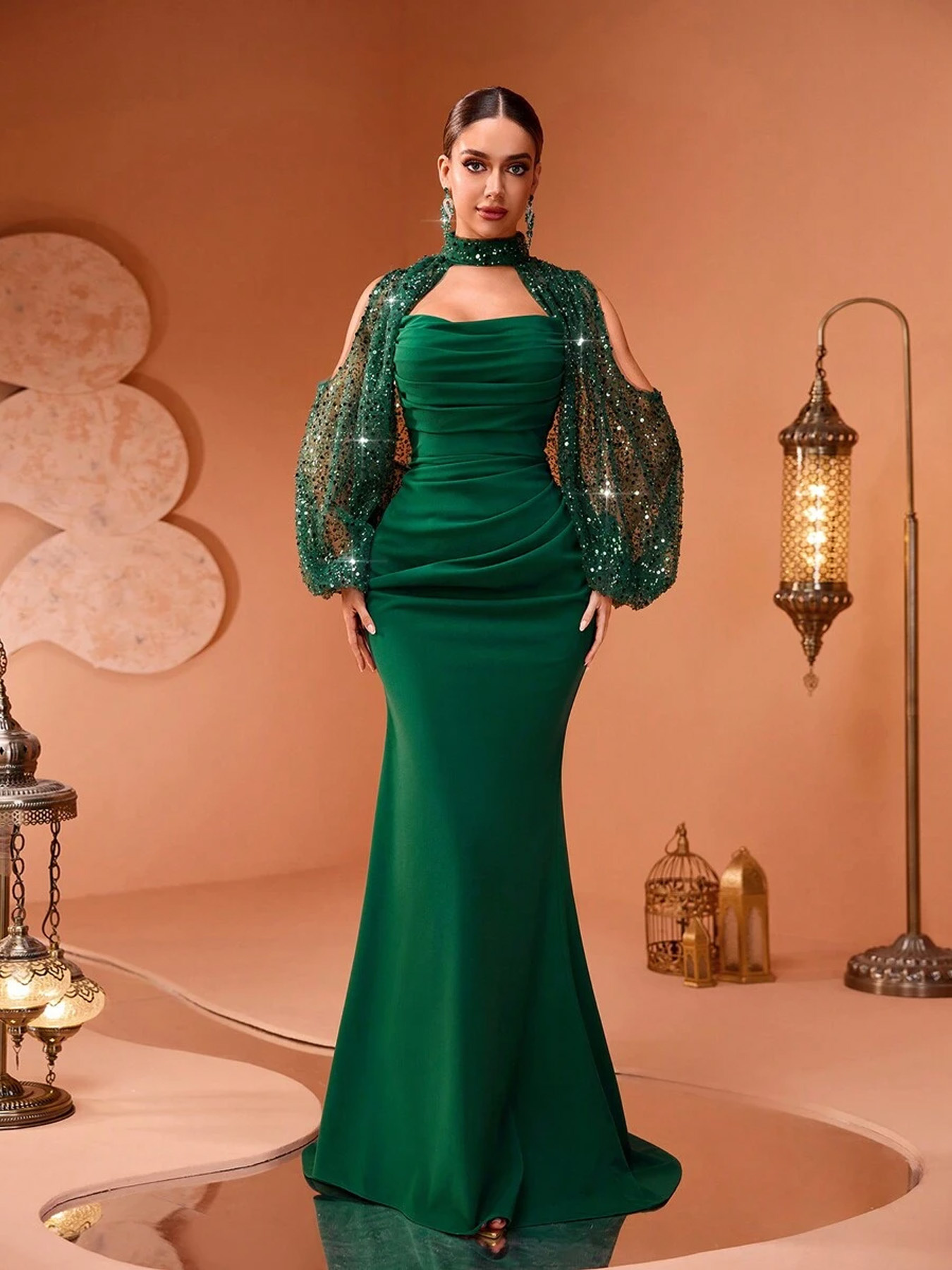 slim fit dress slacks DARK GREEN FITTED DRESS WITH DRAPED SLEEVES – Tas Design main image 1