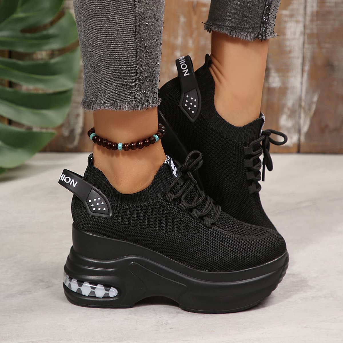 TEMU Essevosp Round Toe Platform Sneakers With Hidden Heel Lift - Breathable Knit Lace-up Low-cut Shoes, Air Cushion Sole & Thick Platform Sole