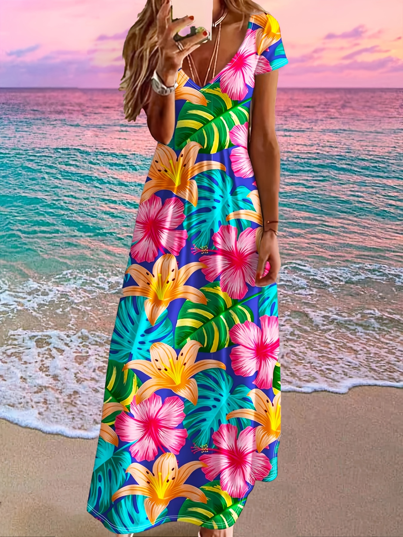 hawaiian dress for beach party Dresses Women, Summer Wedding Guest Elegant Women Halter 2025 Floral Maxi Boho Spaghetti Strap Scoop Neck Smocked Ruffle Flowy Pink Calf Length in a Comfortable Style Beach Fancy Dress Hawaiian Girl