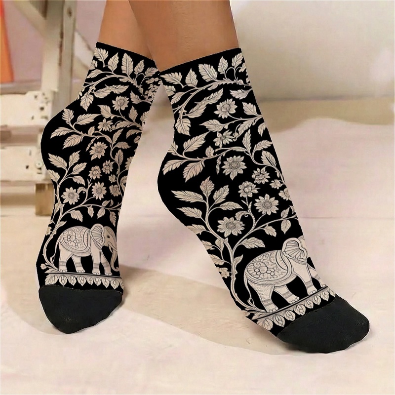 TEMU 1 Pair Of Women's Thin Ankle Socks With An Elegant Elephant And Floral Print Pattern, A New Fashionable And Versatile Design Suitable For Casual