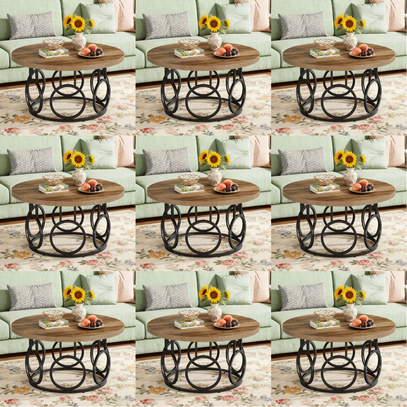 80x80x45cm Rustic Round Coffee Table - With Metal Base, Modern Wooden Living Room Furniture