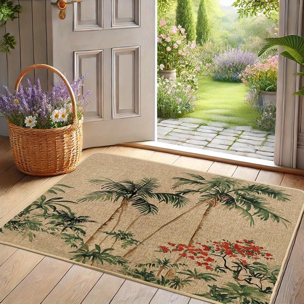 TEMU 1pc Tree Door Mat Suitable For Indoor/outdoor Use - Beige Palm With Rubber Non-slip Backing, High Quality & Easy Clean Entrance - Hand Washable