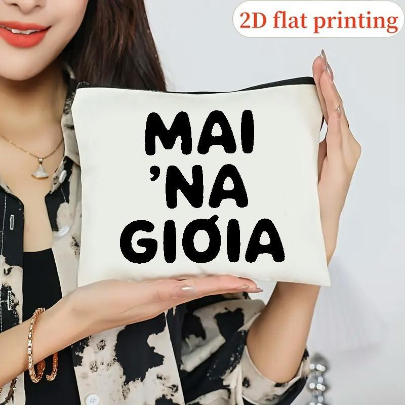 TEMU Organizzatore per trucco Borsa porta trucchi HQL20260324013 Stampa umorismo sarcastico con girovaglia italiana "Never a Joy", Borsa con cerniera