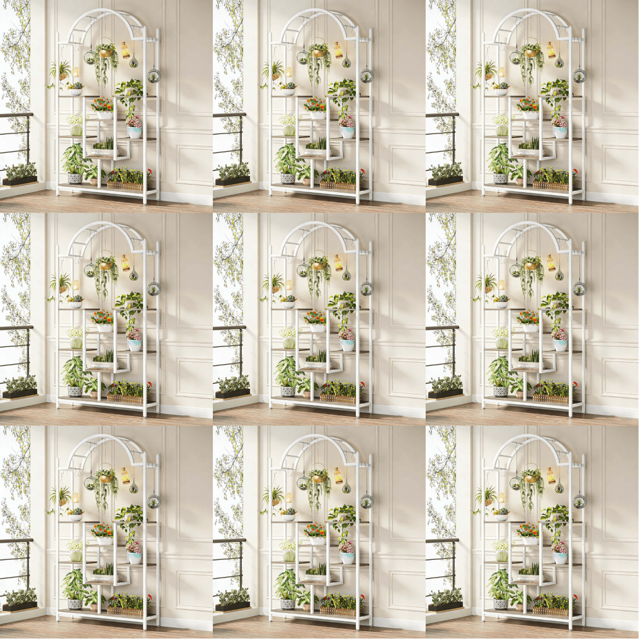 5-tier Arched Metal Indoor Plant Stand With Hanging Hooks | Large Bonsai Pot Display Flower Rack For Garden, Balcony & Living Room, By Byblight