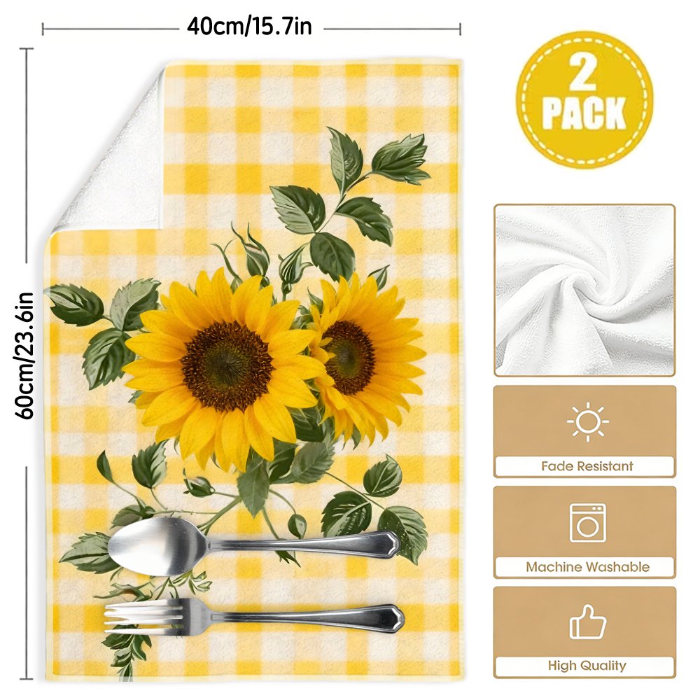 TEMU 2pcs Sunflower & Checkered Kitchen Towels Suitable For Home, Soft Absorbent Microfiber Dish Cloths With Yellow Sunflower Pattern, Decorative Tea