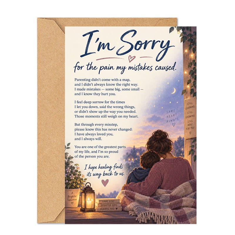 TEMU Card With 1 Envelope, Sorry For The Pain My Caused Card, Lake, Family Embrace And Warm Lights Illustration, Relationship Greeting From Parent