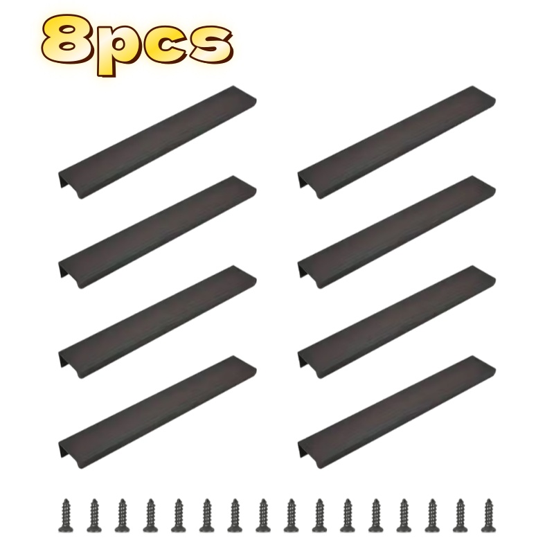 E-shop 8 Stück Moderne Minimalistische Schwarze Aluminiumlegierung Küchenschrankgriffe, 200 mm Verdeckte Schubladengriffe mit Schrauben, Moderne