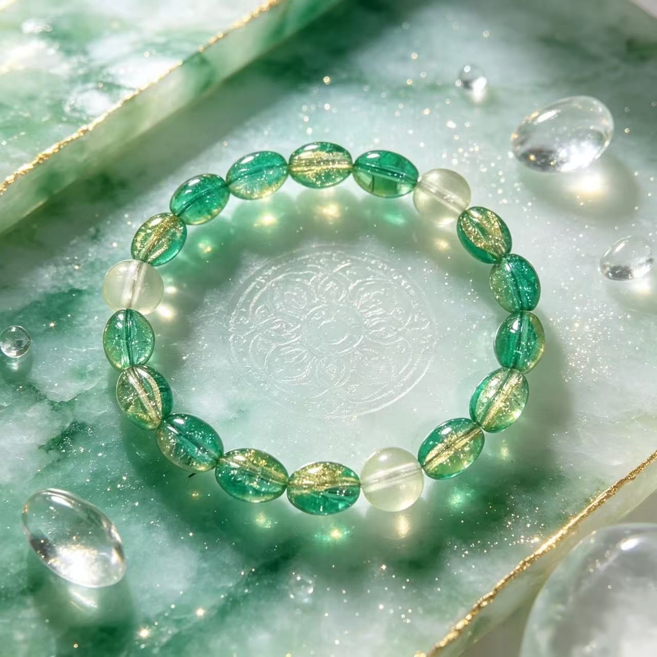 Translucent Forest Green & Clear Glass Bead Bracelet, Fresh Style