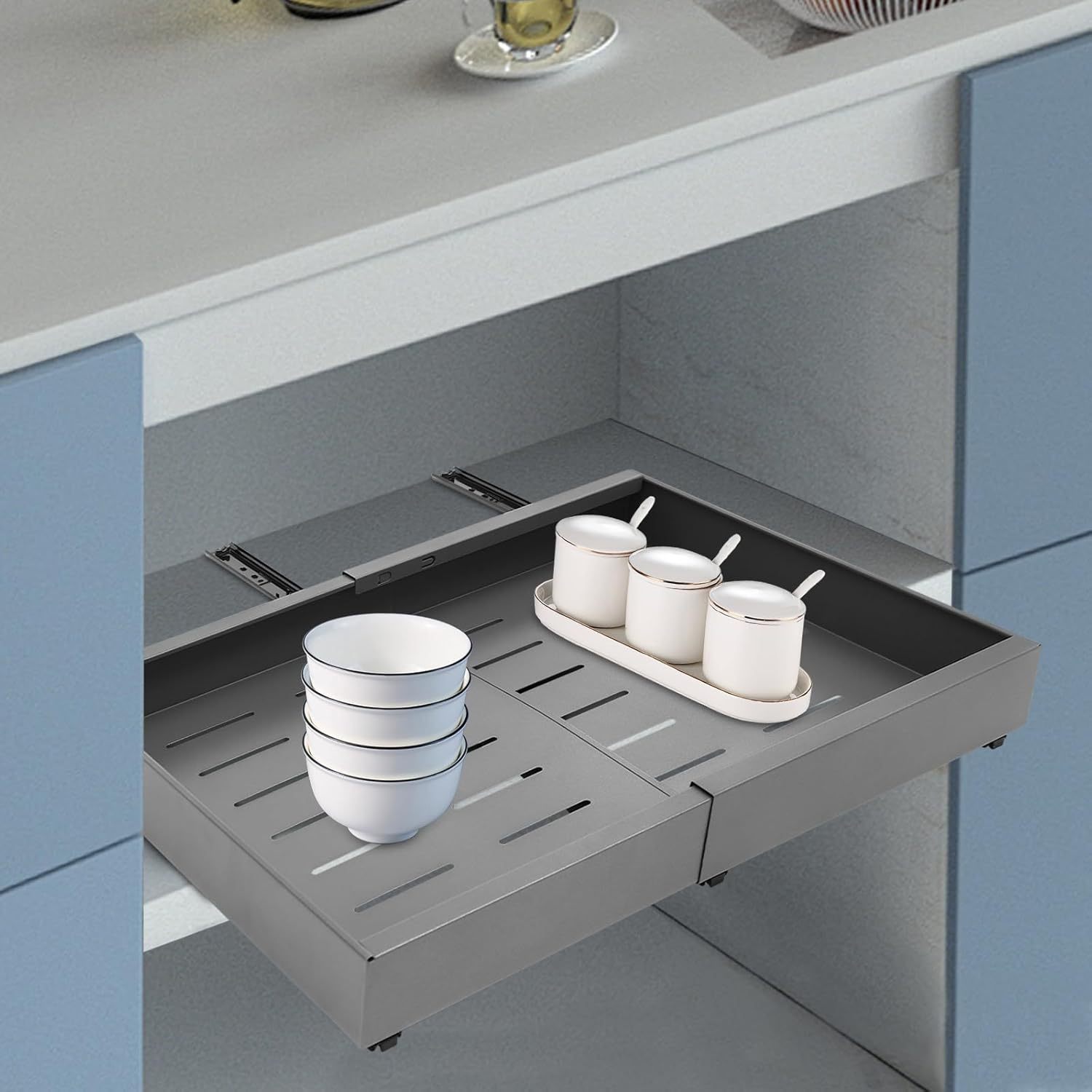 TEMU 1pc Organizador de Gabinete Extensible, Instalación Adhesiva Sin Taladro Ancho Ajustable 32-52cm, Cajón de Acero al Carbono Resistente con