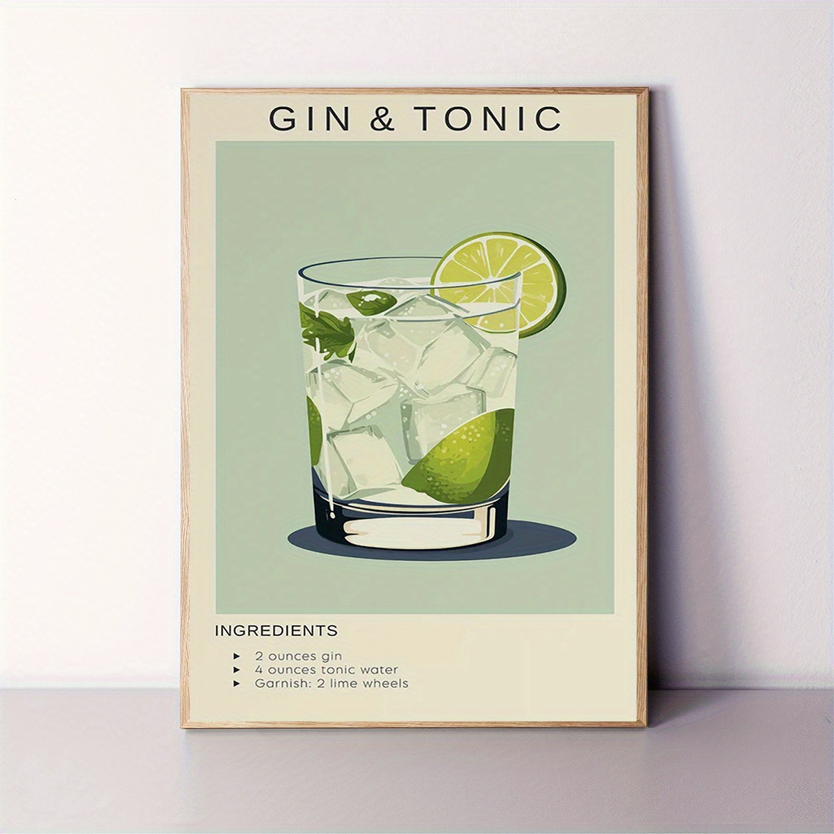 TEMU 2d Flat, 2d Flat, A 12x16 Inch Unframed Poster Of Gin And Tonic Cocktails - A Minimalist Recipe Art Print Featuring Mint Garnish And Ice Cubes,