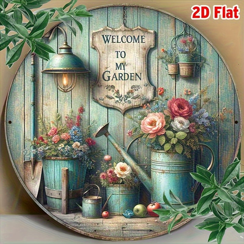 TEMU Plaque en bois ronde décorative 2D plate, 1 pièce - Rétro ' dans ' - 20.32 cm, de fleurs, de lanternes et d'outils, parfaite pour une décoration