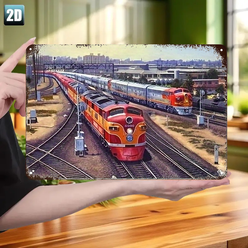 TEMU 2d Flat, 1pc Vintage Red & On Railway Tracks Metal Wall Art - Train Plaque Suitable For Home,, Railway Station Decor - Classic Nostalgic