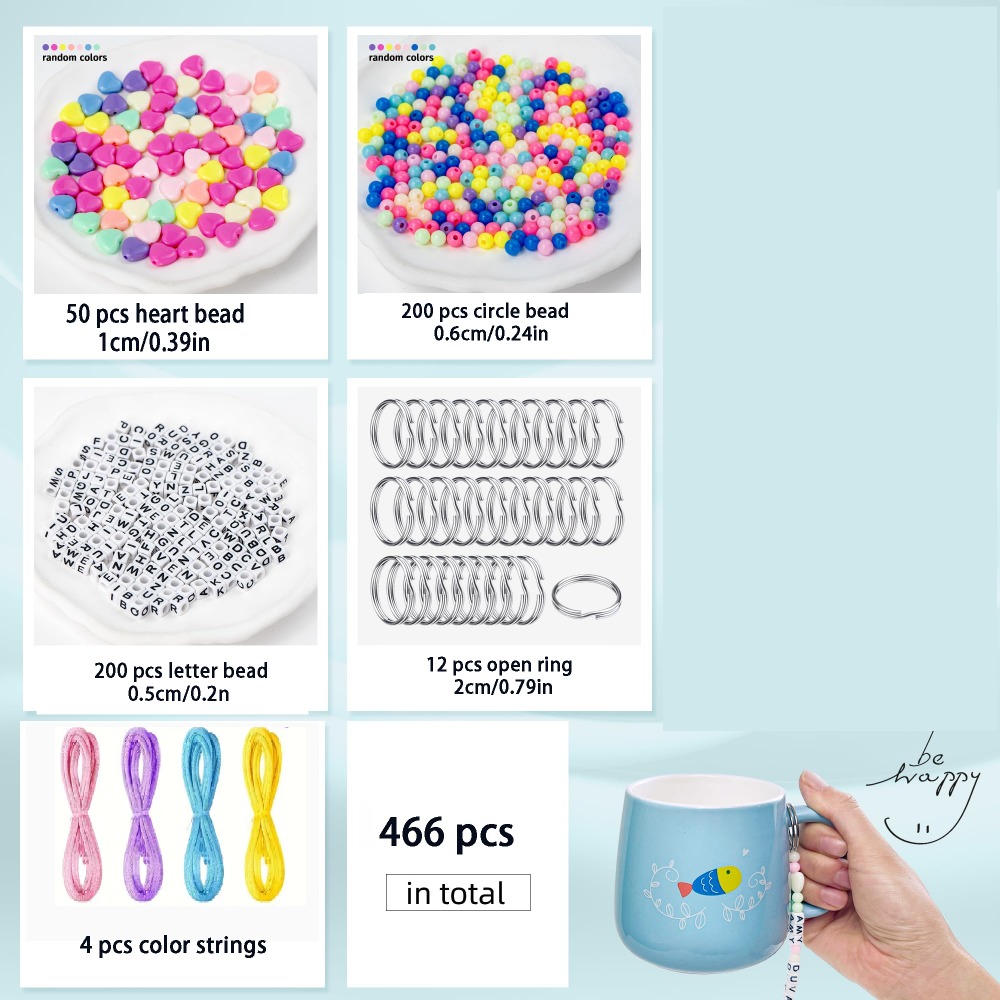 TEMU Kit de 466 pièces pour des porte-clés perlables, perles colorées réglables de lettre, cœur et colonne, fils de ficelle en nylon pour accessoires