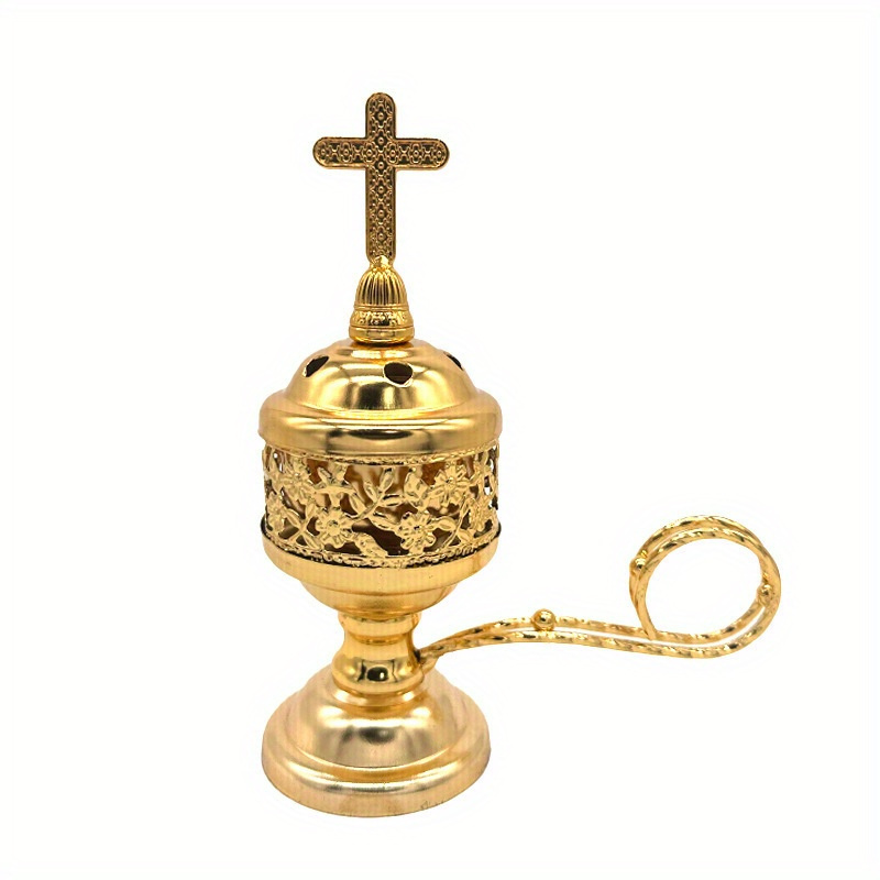 Image of Elegant Cross Design Metal Incense Holder- Complex Floral Pattern, Perfect For Home Decoration And Religious Ceremonies, Religious Decorations| Floral | Metallic End Incense Holder