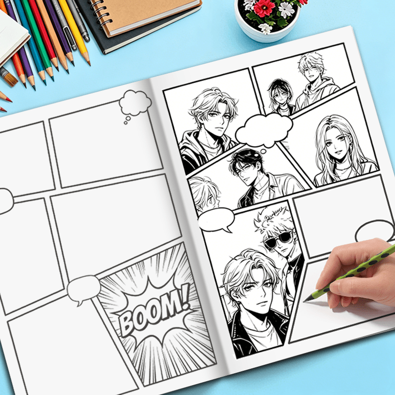 TEMU Carnet de de bande dessinée vierge pour la création de bandes dessinées, 32 pages 17 cm x 24 cm, livre de manga vide avec mise en page de cases