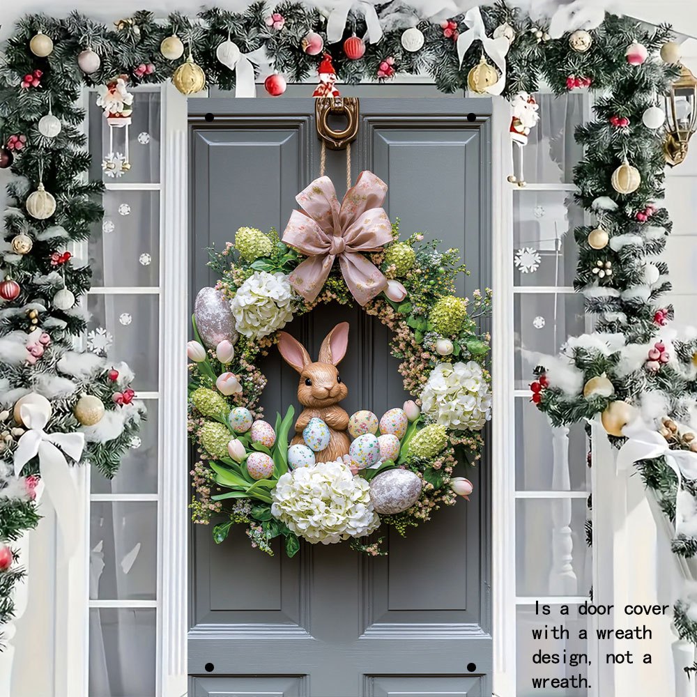 

1pc Easter Bunny Wreath Door Cover, 35.4x70.8 Inch Polyester Fabric, 2d Print Holiday Door Decor, Indoor/outdoor Use, No Electricity Needed, Christmas Gift Idea