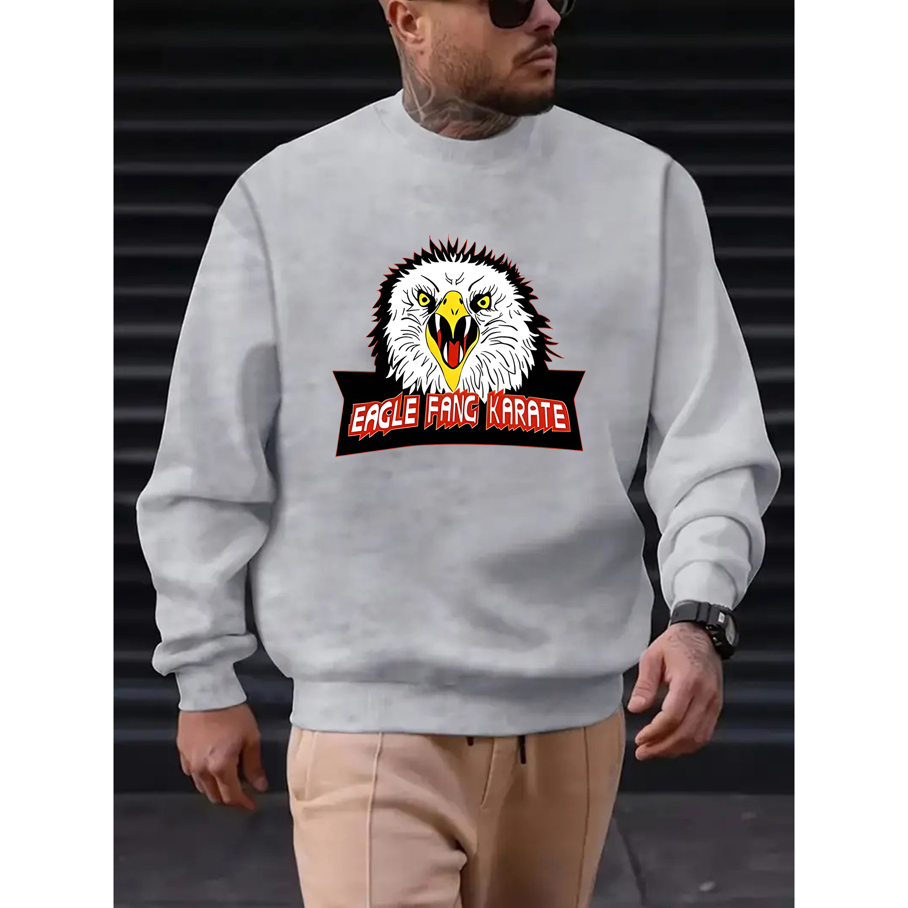 

1pc Eagle Karate Men's Casual Crew Neck Sweatshirt, Polyester Knit Fabric With Stretch, Regular Fit, Alphabet Patterned Pullover