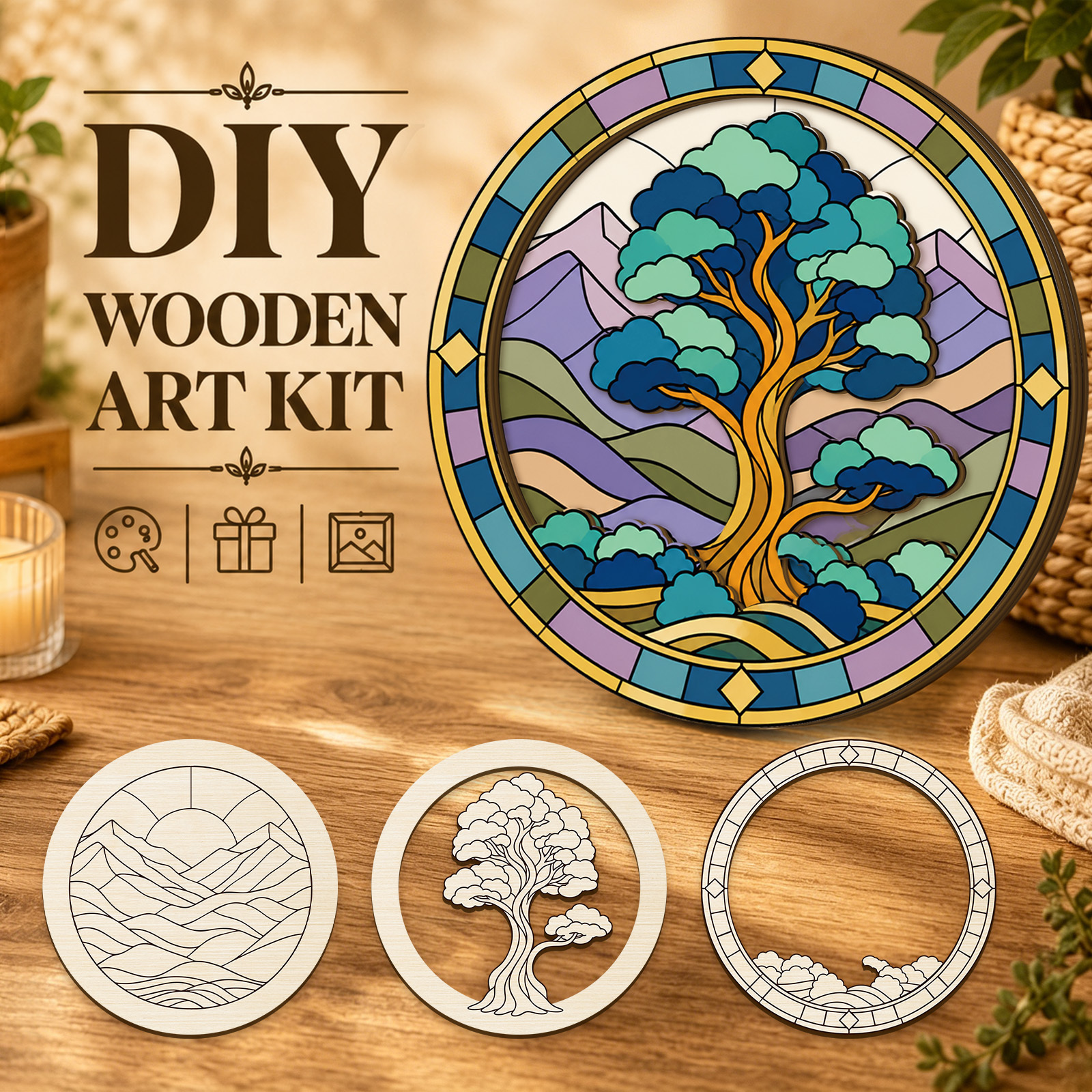 TEMU 2d Flat Wooden Printing [3pcs] Uncolored Paintable Craft Kit, 3 Round Wooden Decorations, Including Tree And Mountain Scenery Design, For Wall