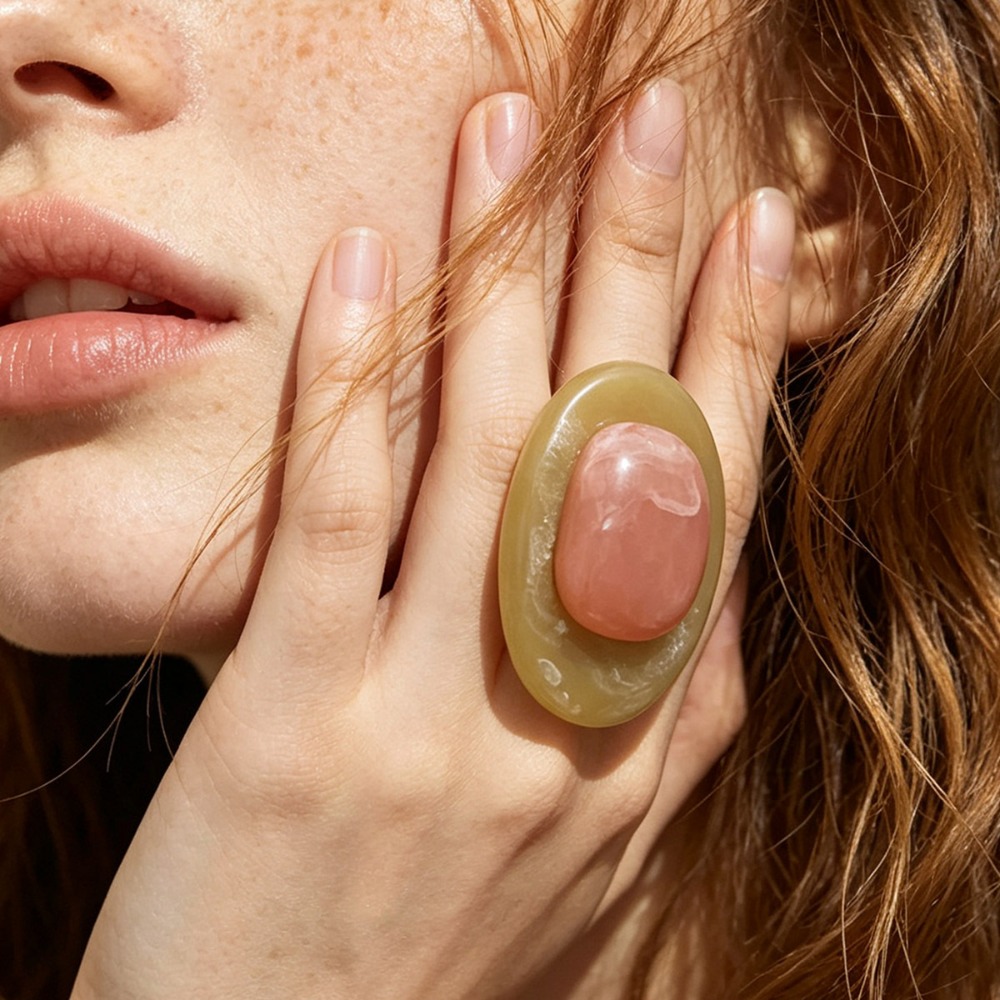 TEMU Fashionable Holiday Vacation Atmosphere Retro Oval Resin Color- Ring Fashionable Elegant Versatile Women's