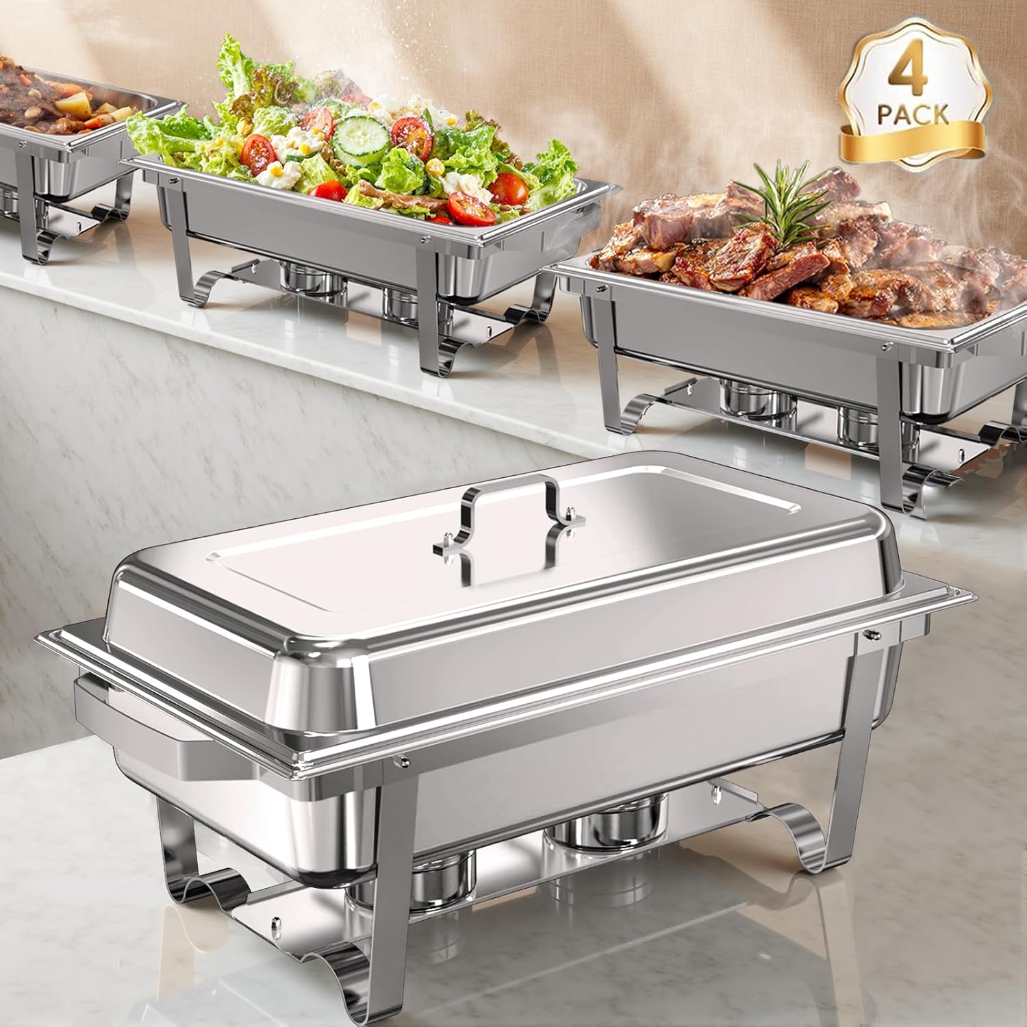 Image of Set Of 4 Buffet Chafing Dishes, Each 9 Qt, Made Of Durable Stainless Steel. This High-quality Buffet Warmer Set Is Perfect For Any Gathering And Is Designed For Cooking