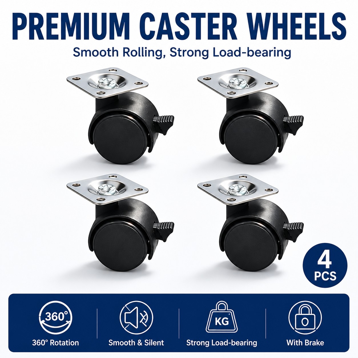 TEMU 4 Pack Heavy Duty Swivel Plate Casters With Locking Brake -1/1.5 Inch - Frame & Black Pvc Wheels (includes 16 Screws) - For Office Cabinets,