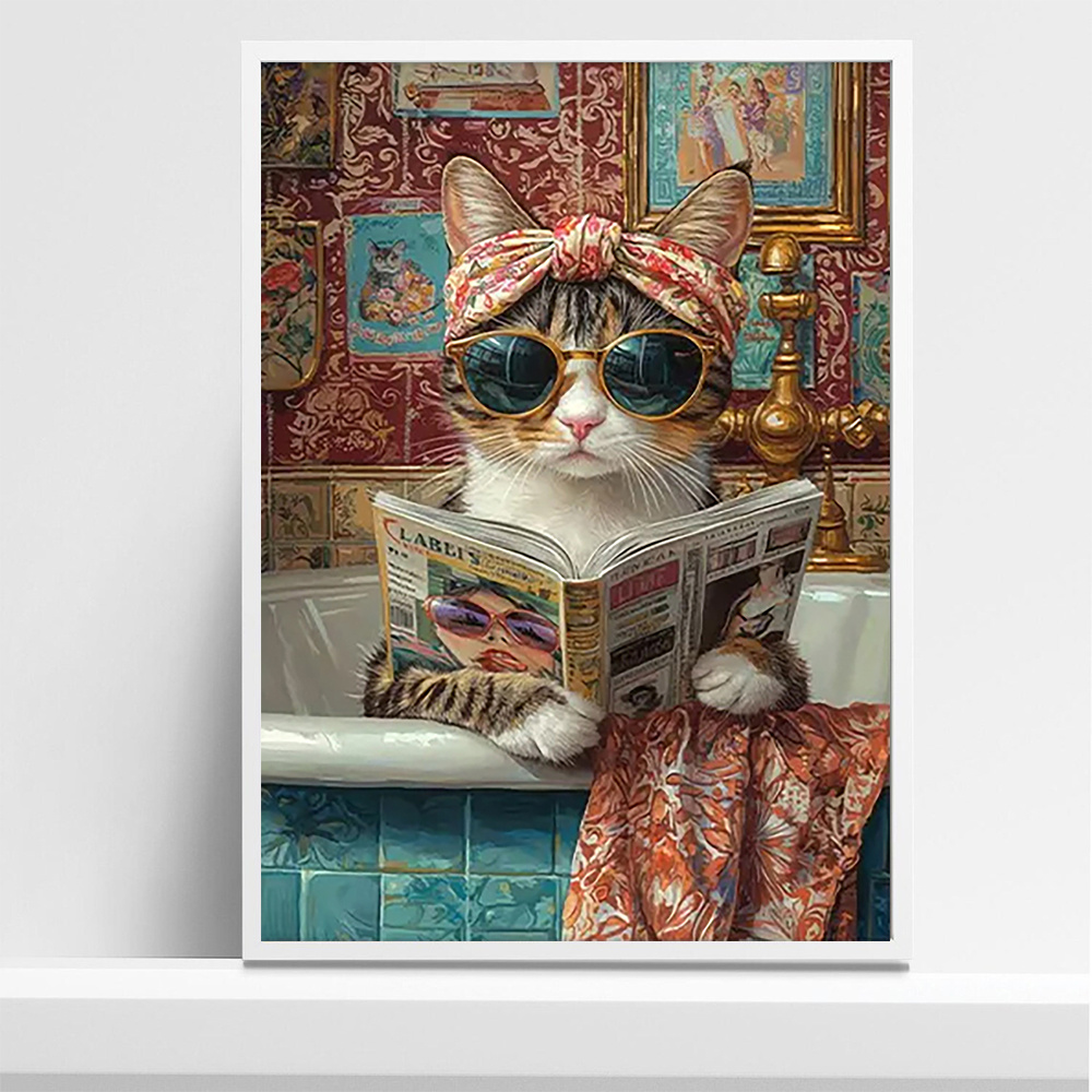 TEMU 1pc In Bathtub Canvas Art Print, 30.48x40.64cm Frameless Whimsical Bathroom Decor, Vintage Humor Wall Art, Funny Cat Reading Newspaper Poster,