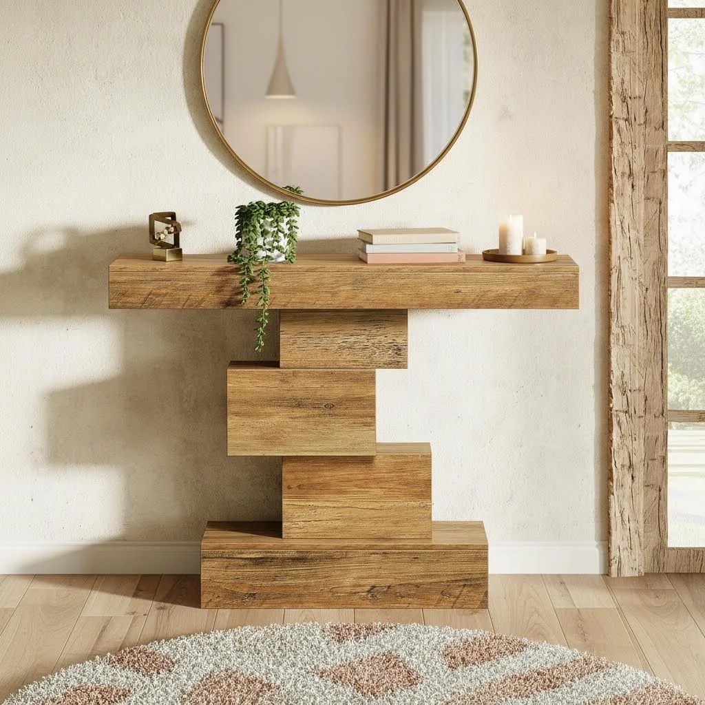 42.5" Narrow Farmhouse Console Table, Geometric Sofa Table Behind Couch, Light Brown Entryway Accent For Christmas (1pc)