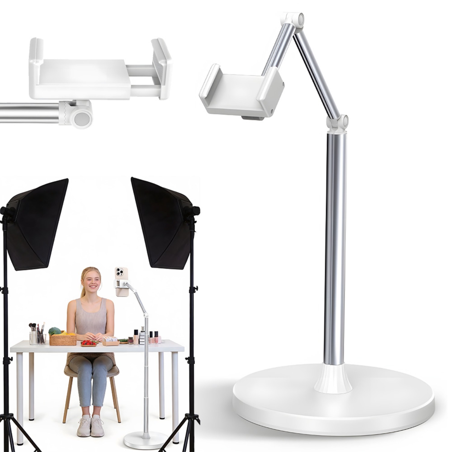 Image of Aluminum Alloy Floor Stand For Mobile Phones; Adjustable Height (30-152cm); 360-degree Rotating Clamp; Universal Compatibility; Stable 2kg Base; Suitable For Home, Office, And Dormitory Use
