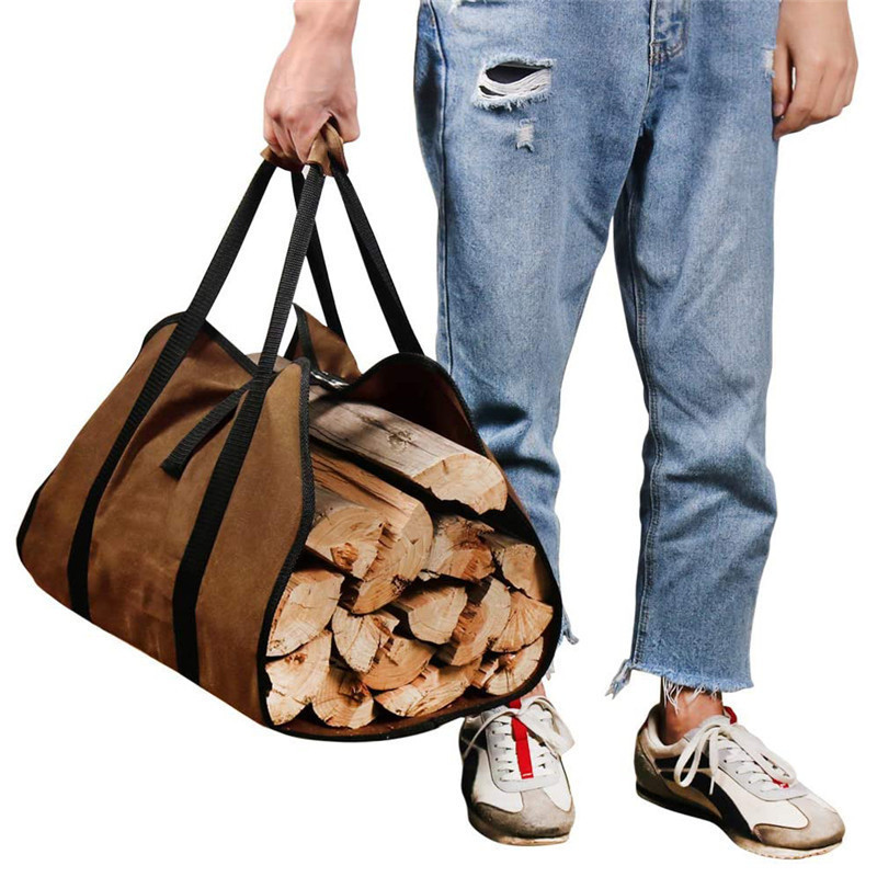 1pc heavy duty canvas firewood carrier bag large capacity log tote with reinforced handles for fireplace camping and bbq accessory details 1