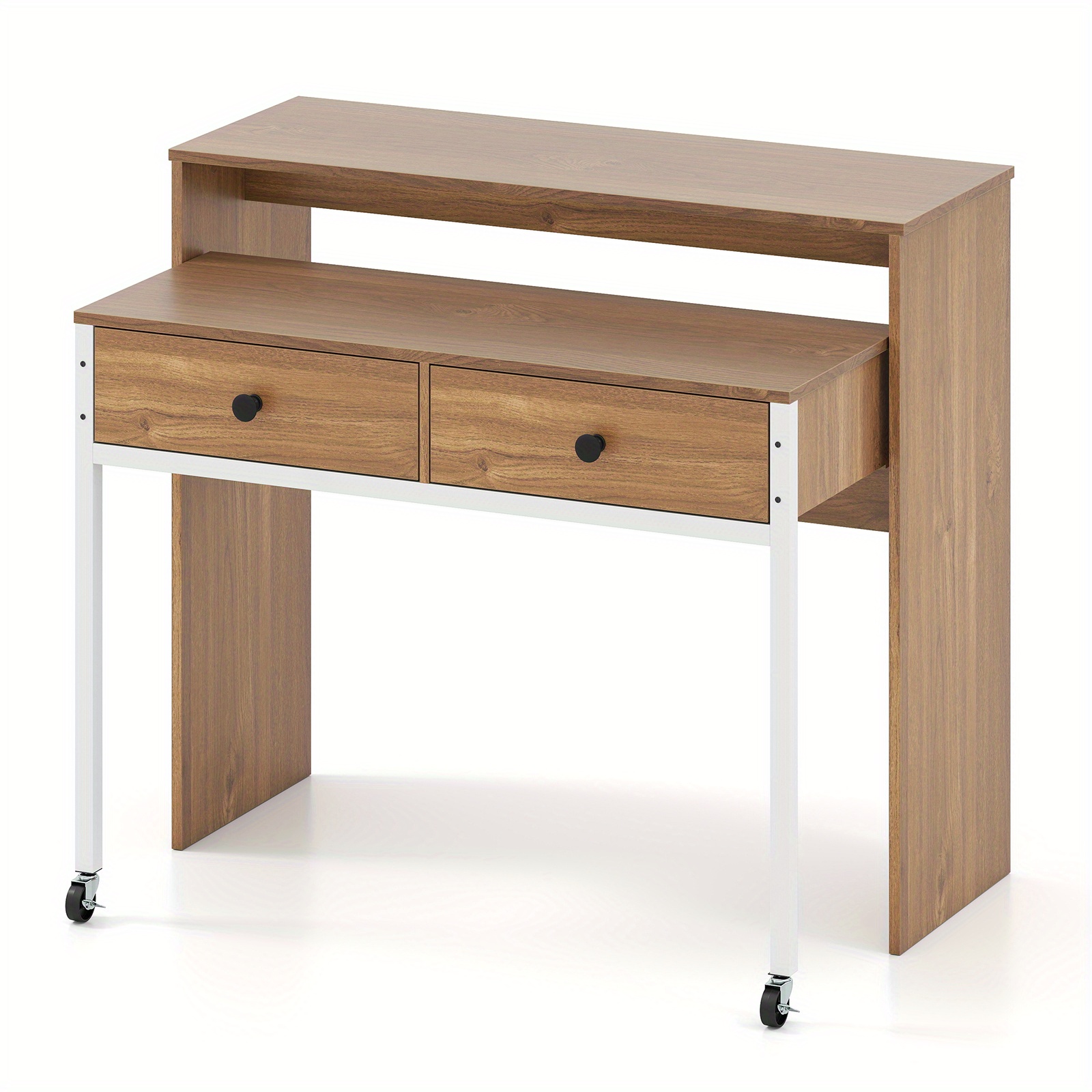 A Modern Wooden Desk Featuring 2 Surfaces, 2 Drawers, Lockable Wheels, And Tilt Protection, Along With An Extendable Design