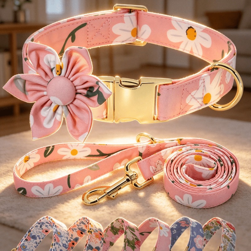 Customizable Floral Print Dog Collar and Leash Set
