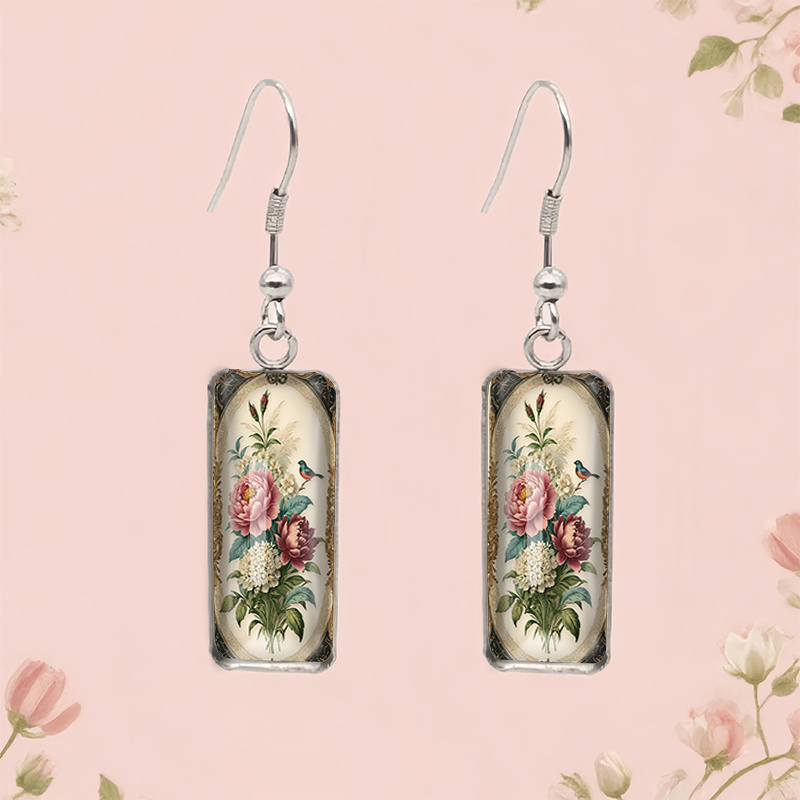 E-shop Modische Retro-Blumen- und Vogel-Illustration, rechteckige Haken-Ohrhänger, Glasohrringe, Geschenk, ohne Batterie