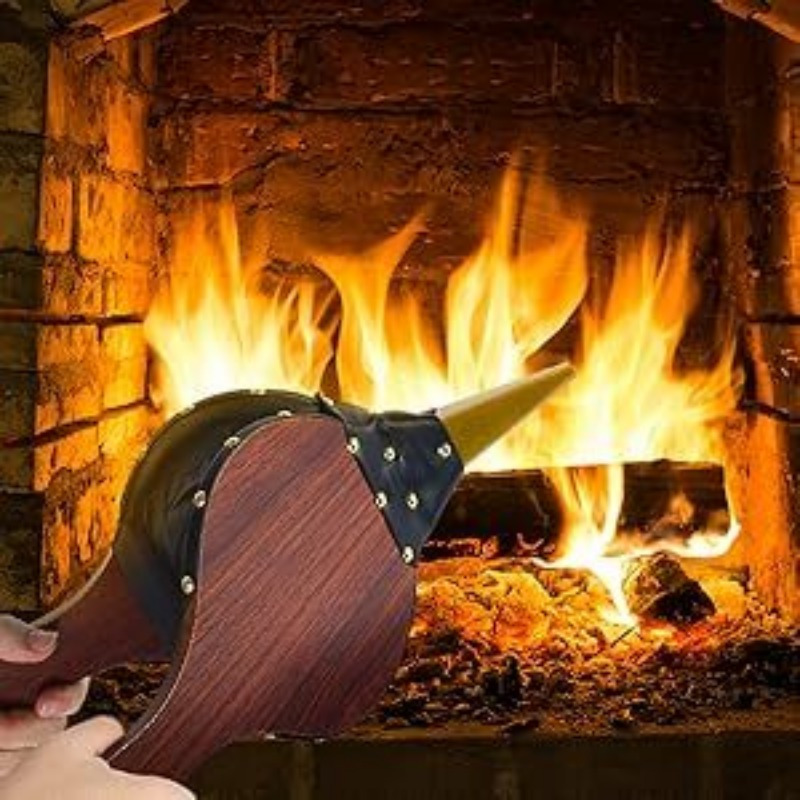 rustic brown wood fireplace bellows   hardwood   leather blower for   outdoor cooking bbqs campfires details 3