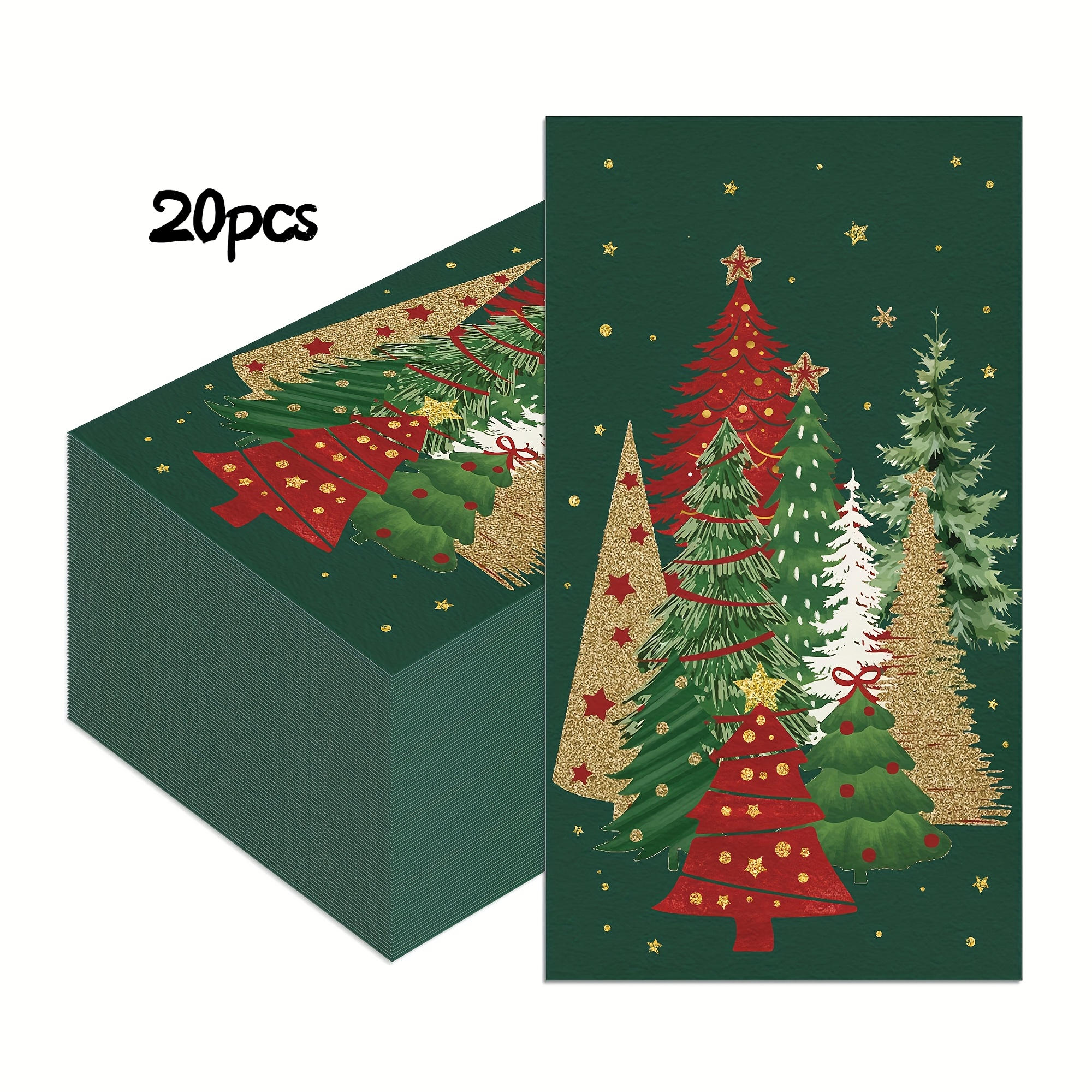 TEMU Lot de 20 à 100 serviettes rectangulaires de fête de Noël, lingettes jetables à motif de sapin de Noël vert foncé, serviettes de table de dîner