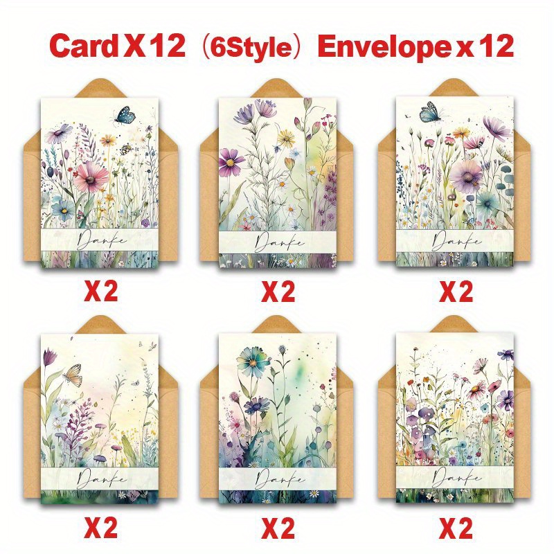 Image of 24pcs German Bright Watercolour Wildflowers German Thank You Greeting Card With Envelopes, Assorted Blank Thank You Note Cards Bulk For Teacher Appreciation Birthday Wedding
