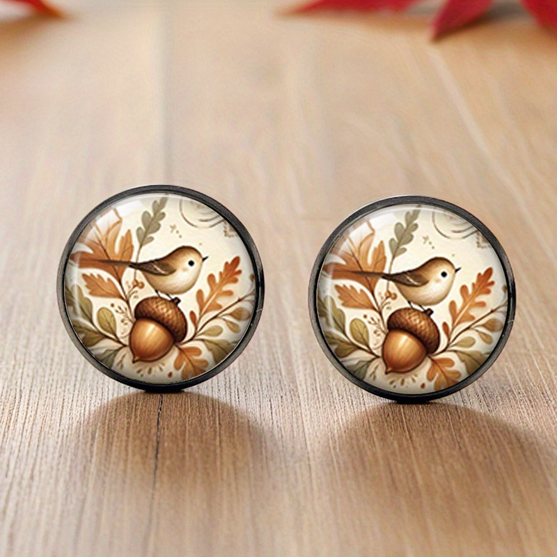 TEMU A Pair Of Round Glass Black Earrings Featuring Birds And , Handmade Jewelry Gift, Without Battery
