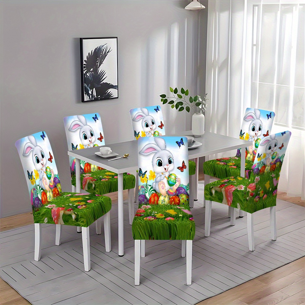 

2/4/6pcs New Easter Pattern Printed Chair Covers Hotel Home Use One-piece Chair Cover Universal Home Dining Table Living Room Kitchen Decoration Chair Cover