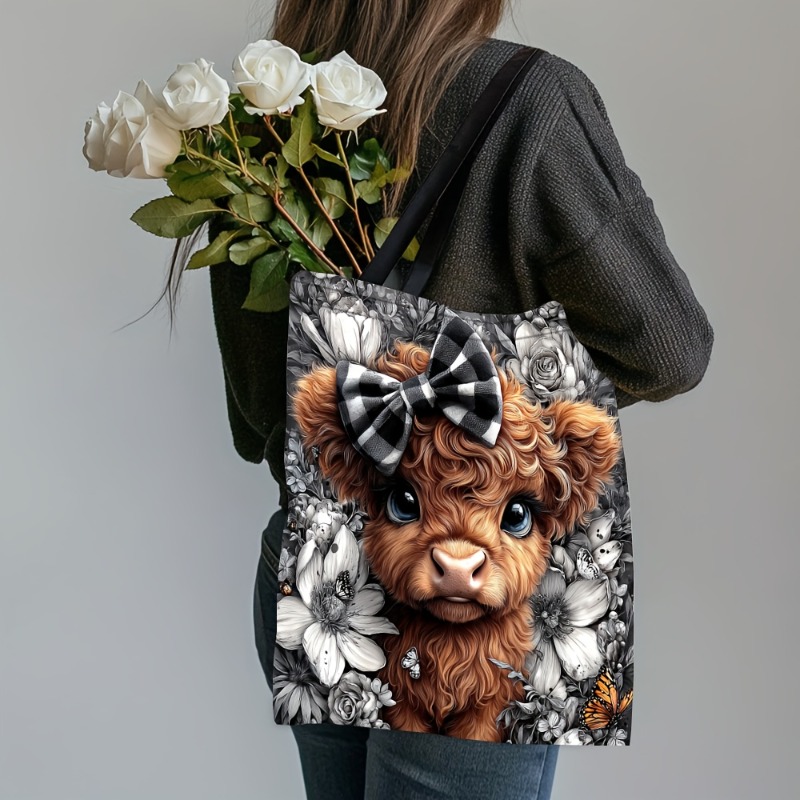 TEMU Women's Scottish Highland Cow Tote Bag - Large Lightweight Handbag With Cute Highland Cow Face & Bow, Suitable For School, Gym, Travel, Shopping