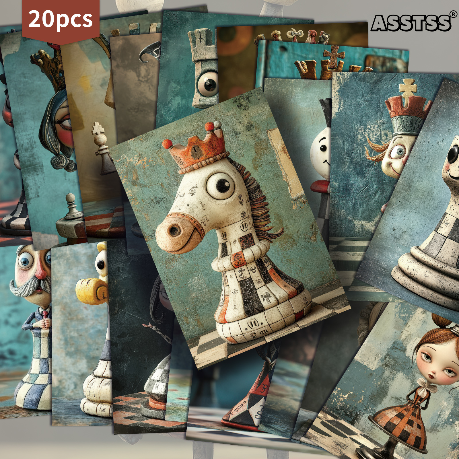 TEMU 20pcs Asstss Retro Pinup & Classic Chess Pieces Greeting Cards - Vintage Junk Journal Pages Suitable For Scrapbooking, Crafting, Collectible
