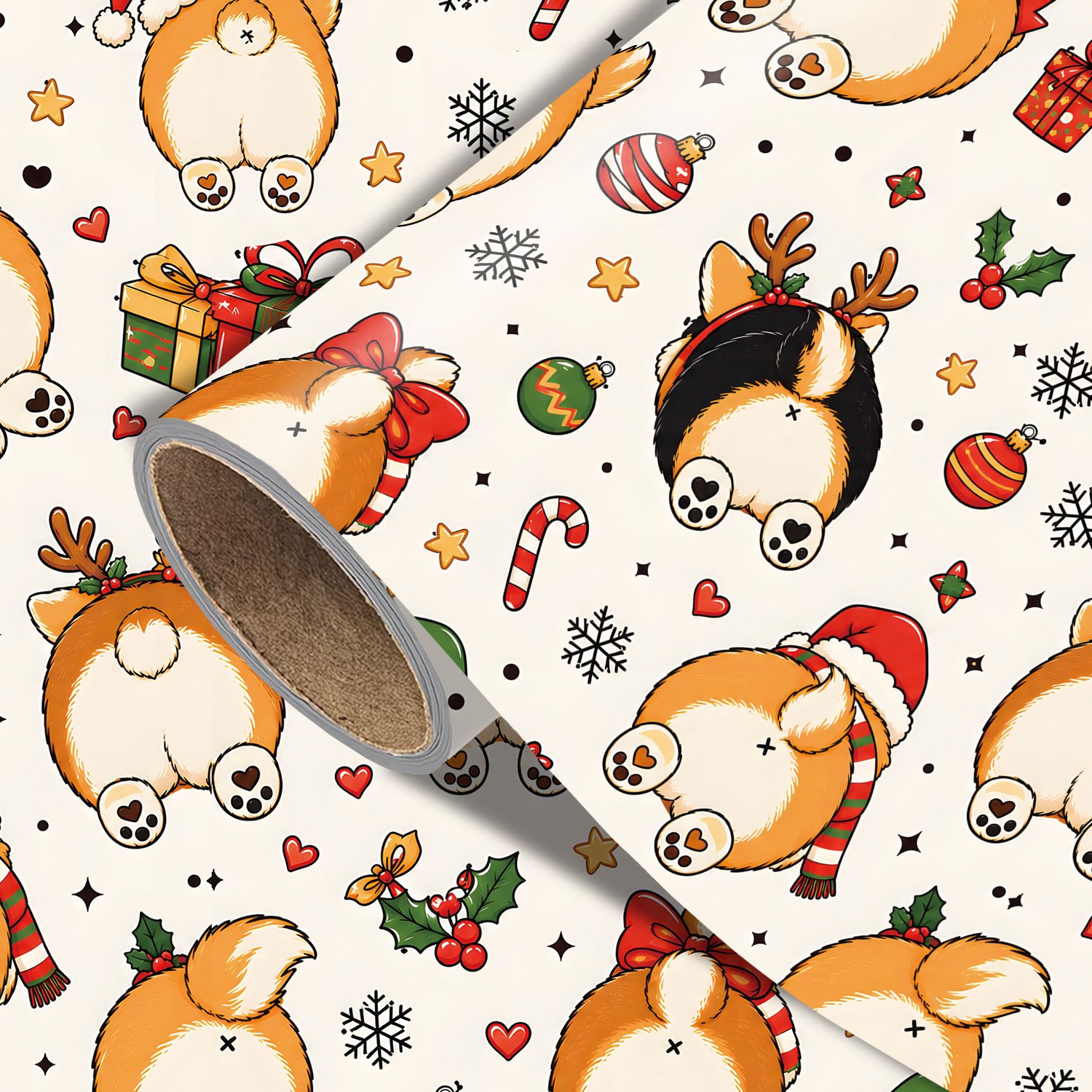 TEMU Roll Corgi Wrapping Paper Suitable For Xmas Gifts, Birthday Party Decorations - Cute With Santa Hats, Puppy Bottoms, Ornaments & Candy Canes