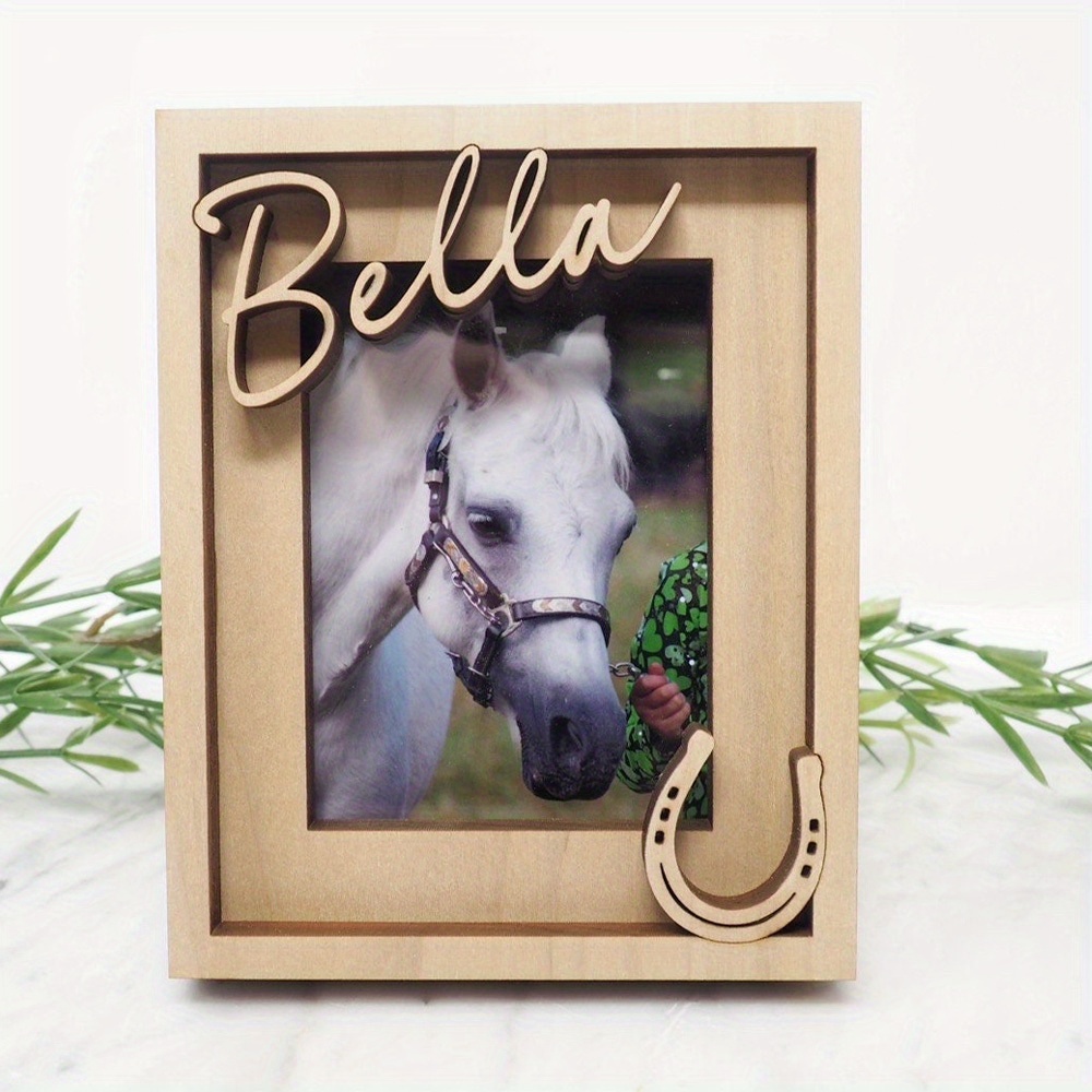 TEMU Personalized Wooden Horse Photo Frame With Custom Name & Date - Vertical Desktop Display | Elegant Square Design For | Perfect Gift For , Horse
