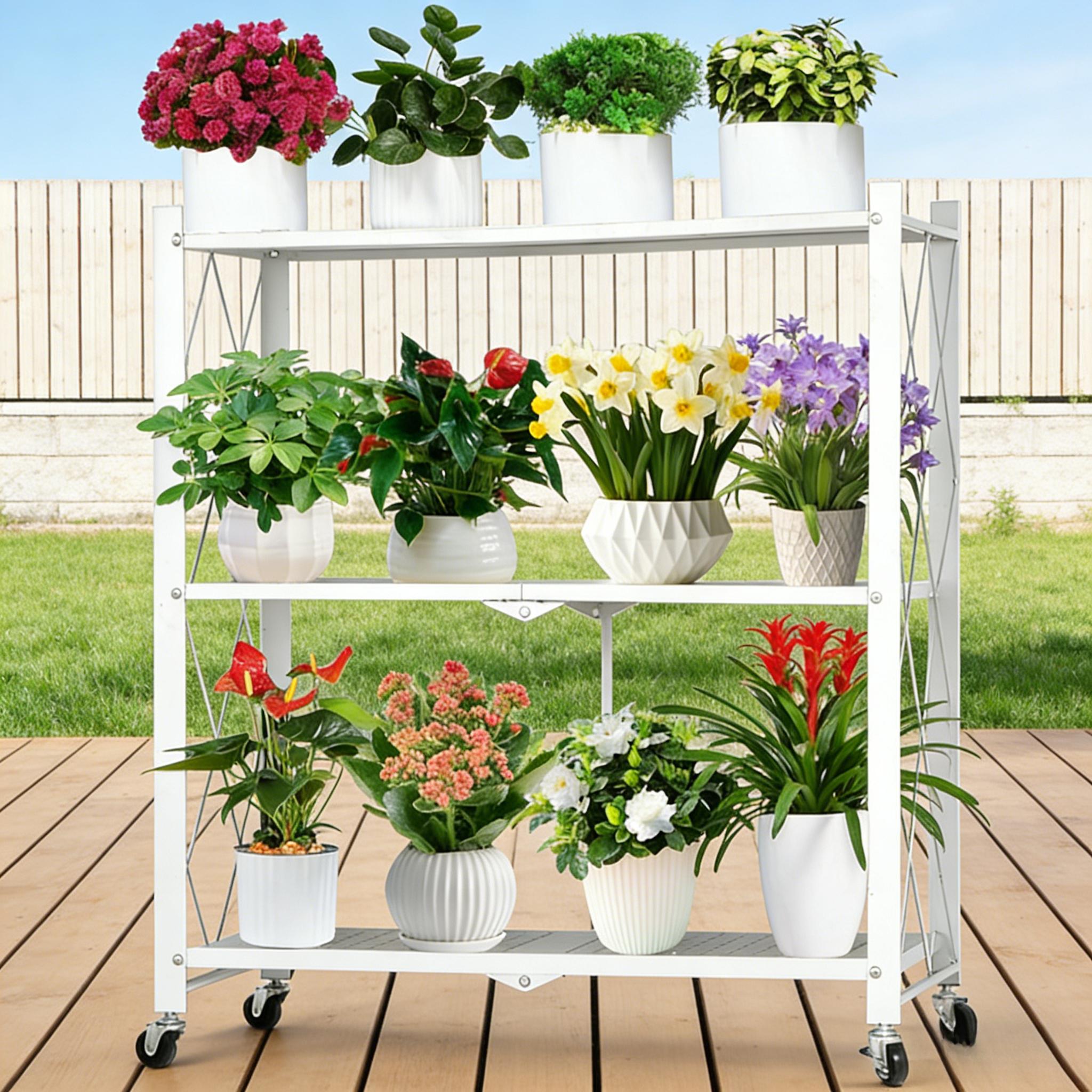 TEMU 1 pièce Support de plantes pliable robuste à 3 niveaux en métal avec étagère épaisse pour intérieur/extérieur, Étagère de rangement noire à