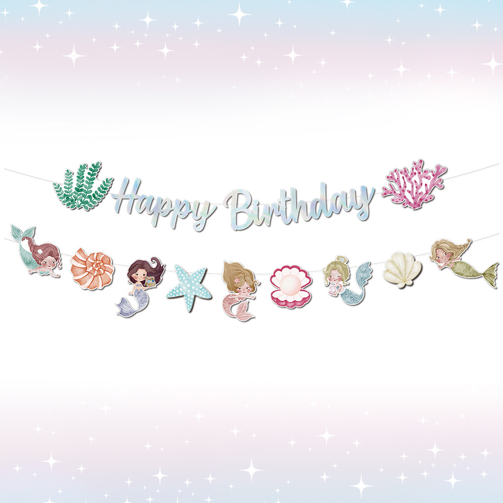 Image of 1 Set Mermaid Happy Birthday Banner Mermaid Party Paper Banner For Mermaid Theme Birthday Party Decorations Supplies,' Birthday Or Shower Celebrations