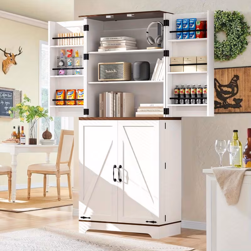 75" Tall White Farmhouse Storage Cabinet with Adjustable Shelves - Rustic Wood Pantry Cupboard for Kitchen, Bathroom & Dining Room