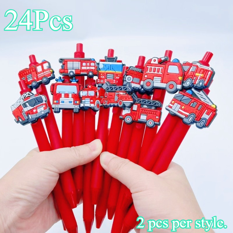 Image of 12pcs/24pcs Fire Truck Series Ballpoint Pen, Pvc Soft Glue Fire Truck Gel Pen, Black Ink Pen, Smooth Writing, Suitable For Study, , Perfect Gift For