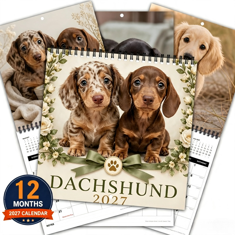 TEMU Dachshund Hanging Wall Calendar 2027, 12 Months Yearly Organizer Jan 2027-dec 2027, 8.3x8.3 Inch Square, Twin Wire Spiral Binding, Large Blocks,