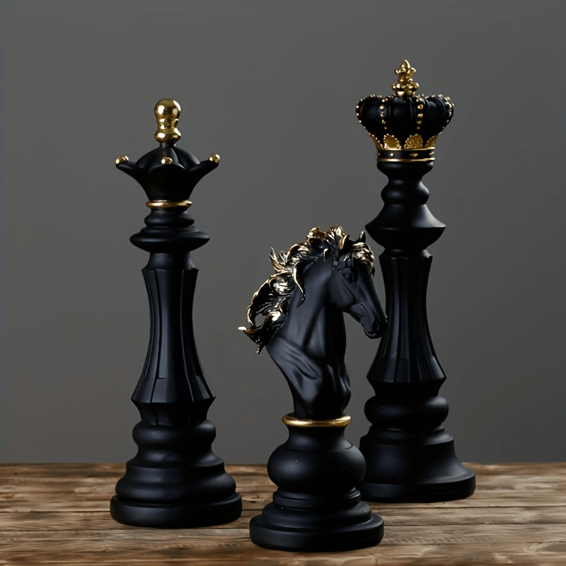 3pcs Black Golden Resin Chess Piece Set, Elegant Black Golden, For Home Decoration, Living Room, Indoor Use, With Christmas, Halloween, Easter, Hanukkah, Thanksgiving