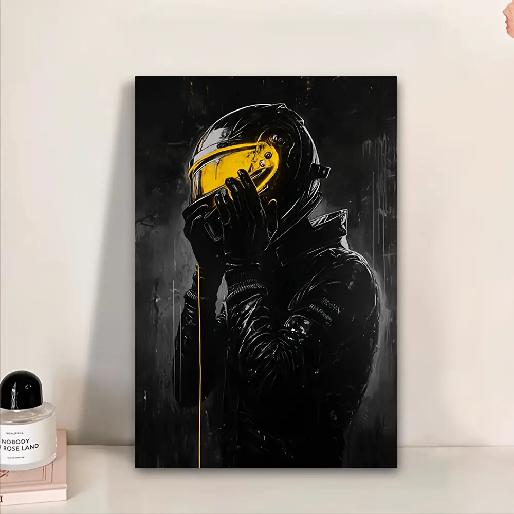 TEMU 2d Flat, 2d Flat, 1pc, Modern Art Print - Framed Wall Decor With Monochrome Motorcycle Rider Design, Black & Golden Accents - Perfect For Living